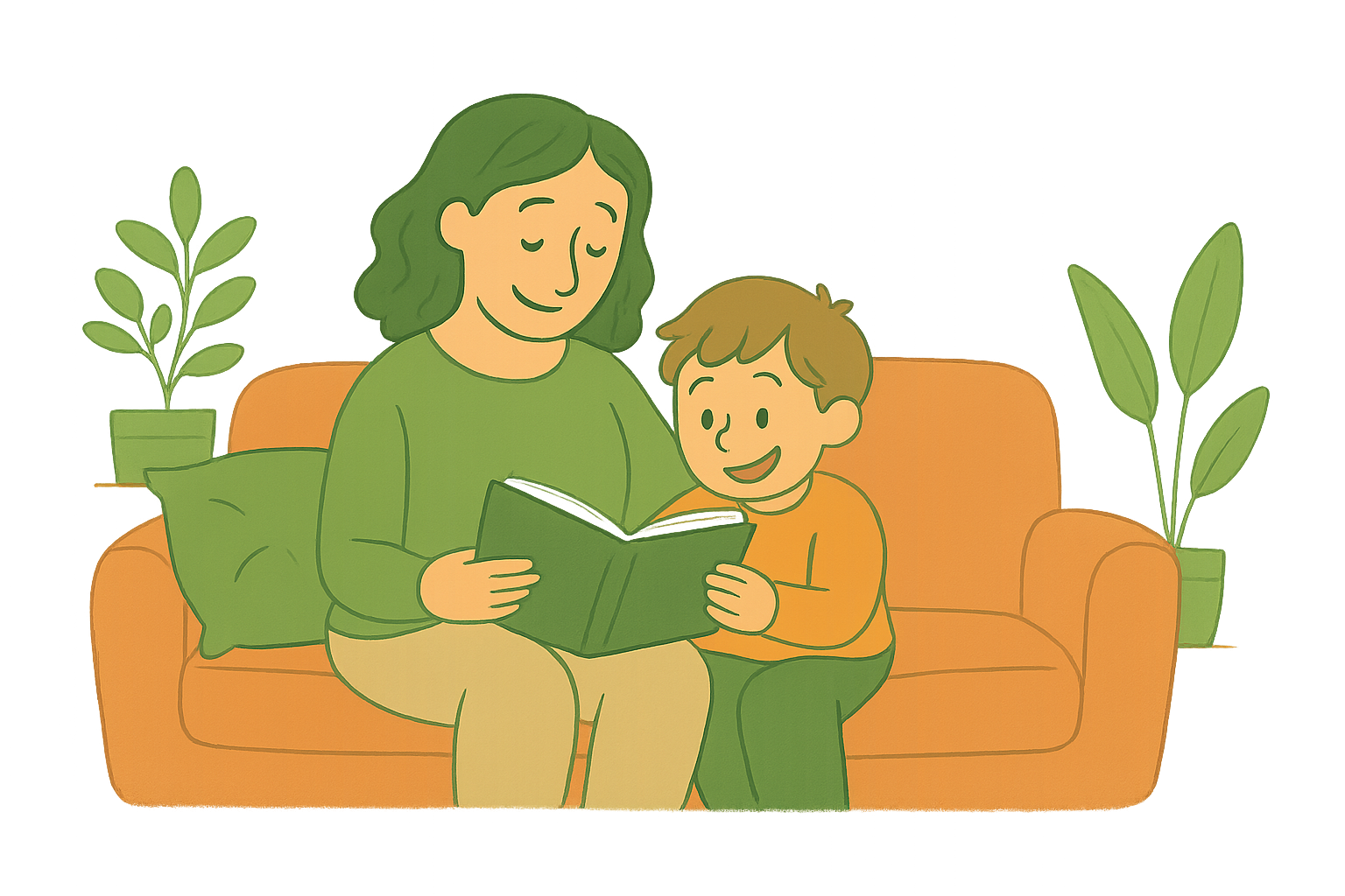 Warm illustration of parent and child reading together, representing connection and learning